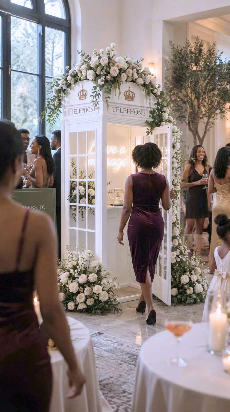 Guests gathered at a celebration around a flower-dressed telephone booth audio guestbook
