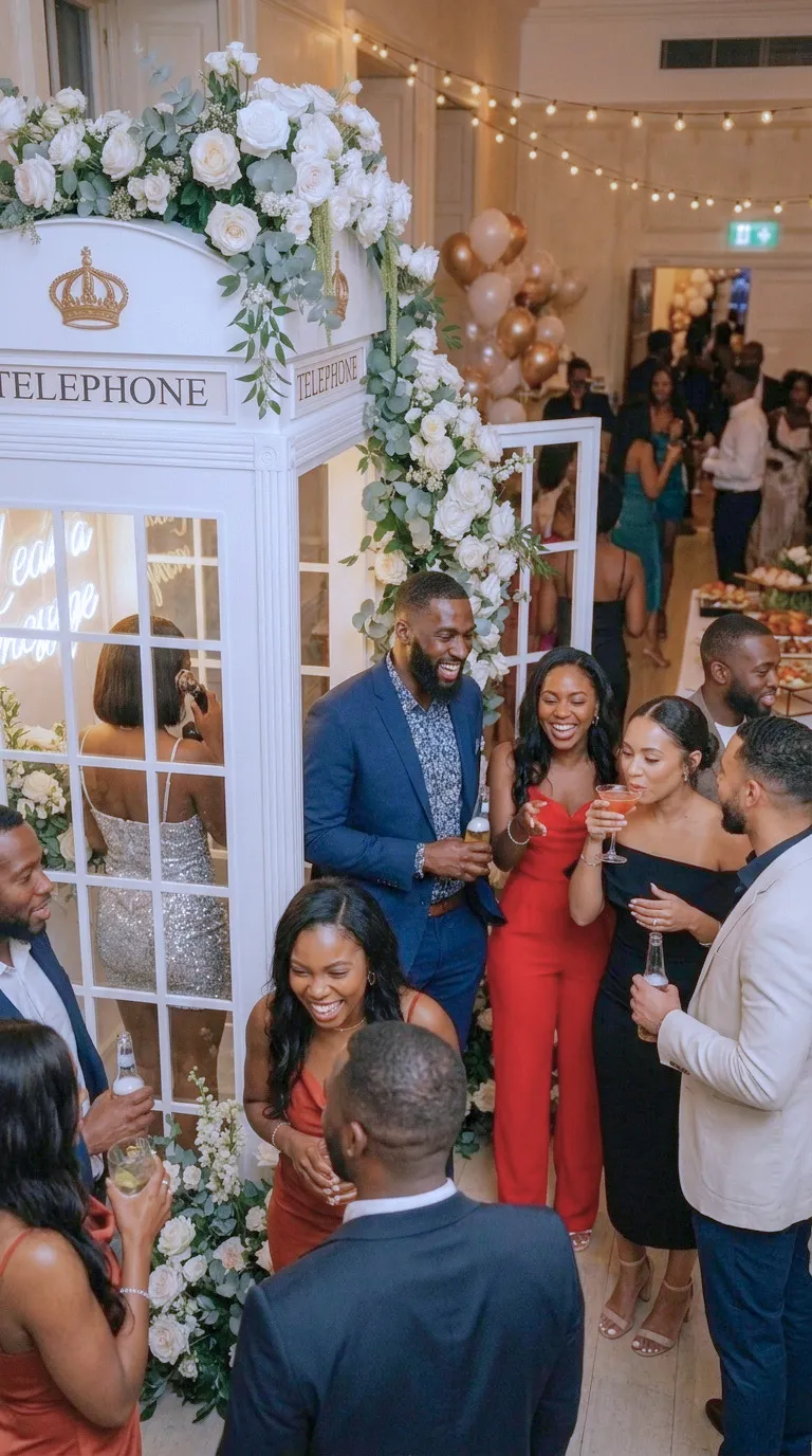 Guests gathered at a celebration around a flower-dressed telephone booth audio guestbook